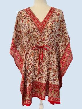 Ana & Rose Red and Gold Paisley Print Above Knee Caftan Dress/Beach Coverup, OS
